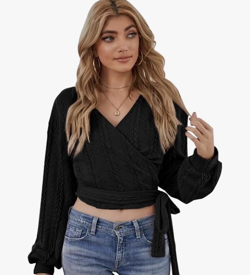 ZAFUL Women's V Neck Sweater Lantern Long Sleeve Pullover Cable Knit Size XL